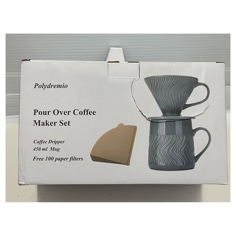 Polydremio Ceramic Pour Over Coffee Maker Set Grey 450ml Mug 100 Filters DX316-G